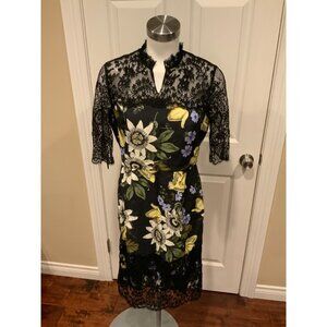 Erdem Black Kendi Cady Floral Print Sheath Dress w/ Lace Trims, Size 12